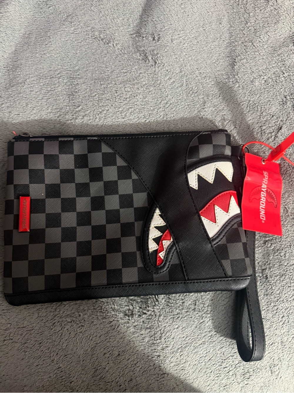 Sprayground Black and Red Checker Shark Wristlet Pouch